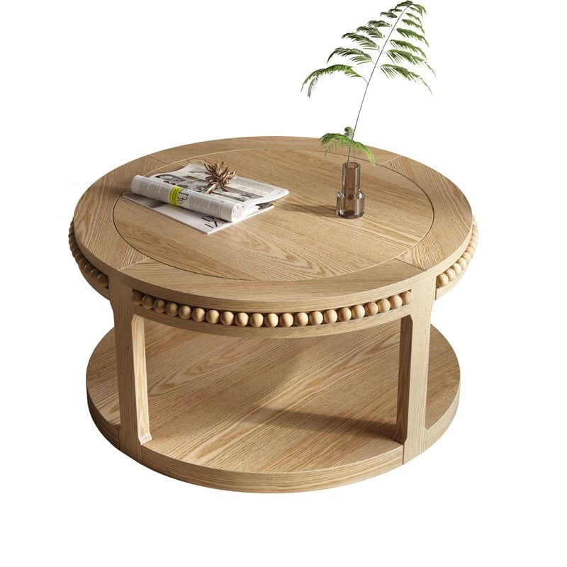 Round Solid Wood Coffee Table, Two-Tier Design with Sturdy Construction for Living Room Elegance
