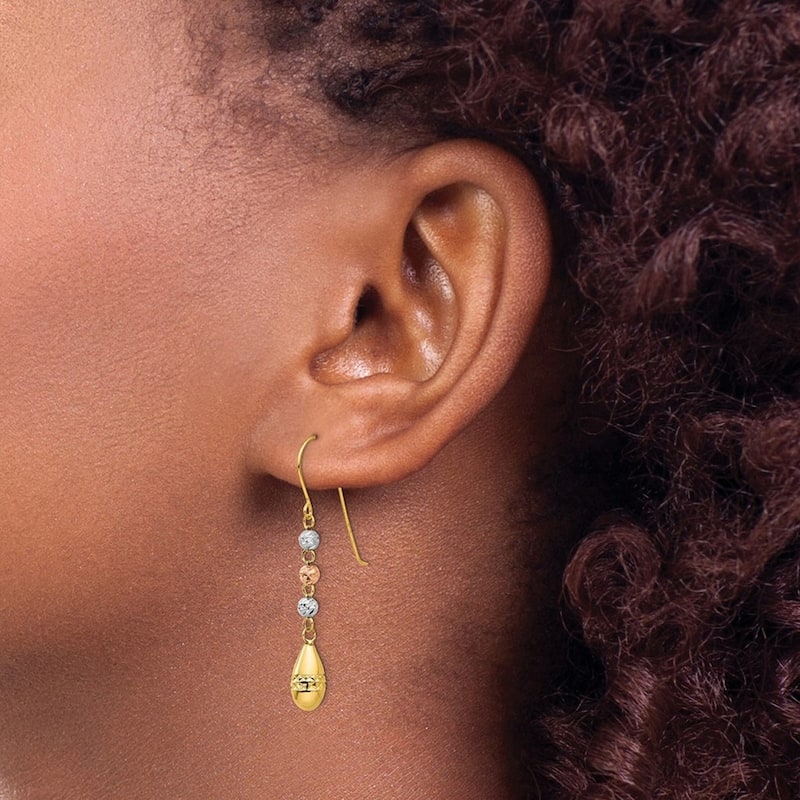Curata 14k Tri Color Gold 39x5mm Faceted Puff Teardrop and Bead Dangle Earrings