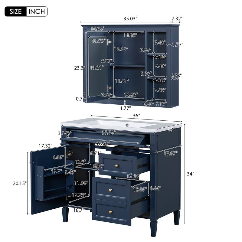 GDFStudio - Kendale Modern Bathroom Vanity Set with Resin Sink, Mirror Storage Cabinet with 6 Open Shelves & a Tip-out Drawer