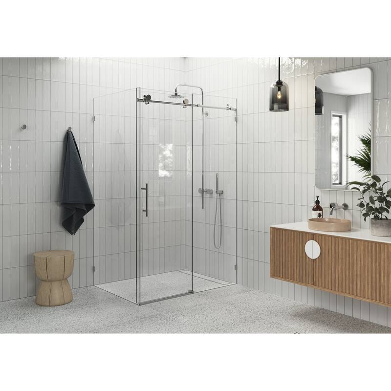 Glass Warehouse 44 in - 48 in x 34 in x 78 in Frameless Sliding Shower Door with Return Panel