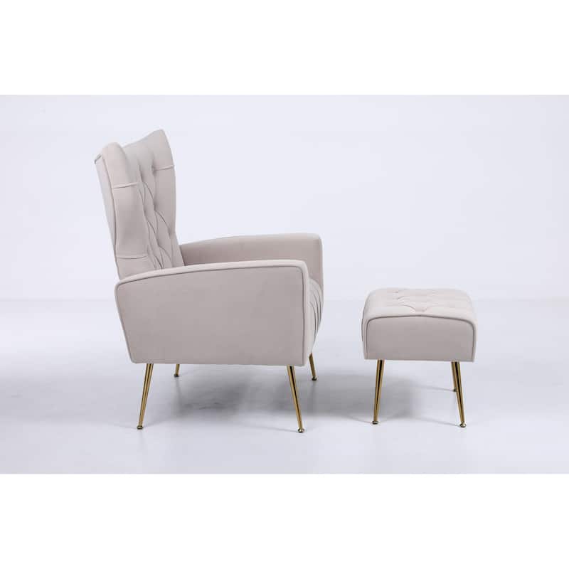 Upholstered Accent Chair with Tufted Cushions and Ottoman In Beige