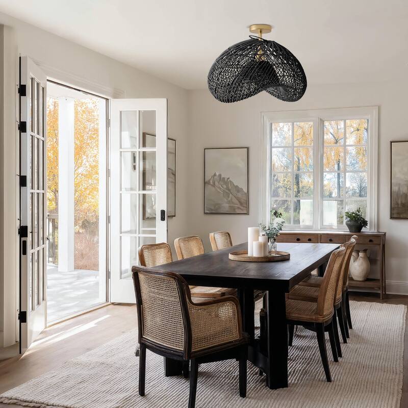 Lucian Rattan Flush Mount - Rattan Black 1-Light Handwoven Ceiling Light for Bedroom or Dining Room in Farmhouse, Country Style