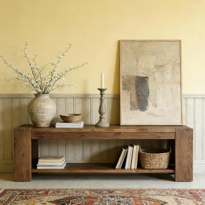 Solid Wood TV Stand, 2-Tier Wooden TV Console Media Stand, Entertainment Center with Open Storage Shelf for Living Room, Bedroom