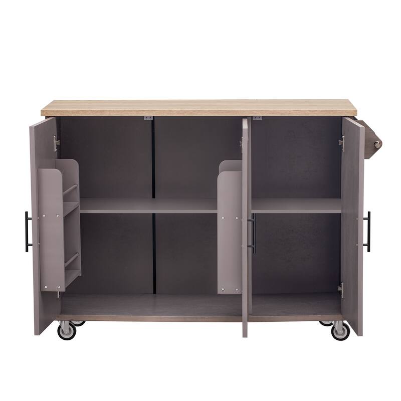 51.2" Wood Rolling Kitchen Island with Drop Leaf and Internal Rack