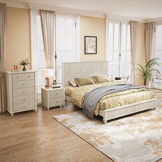 4-Piece Bedroom set with Wooden Bed 2 Nightstands and 5 Drawer Dresser