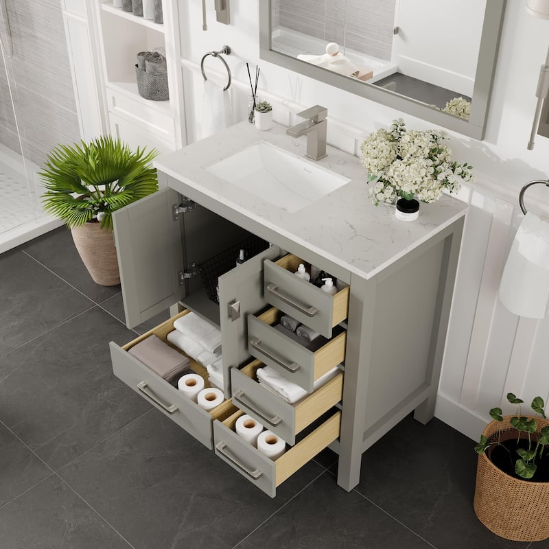 Eviva London 38"W x 18"D Gray Single Sink Bathroom Vanity with White Carrara Quartz Vanity Top and Rectangular Undermount Sink