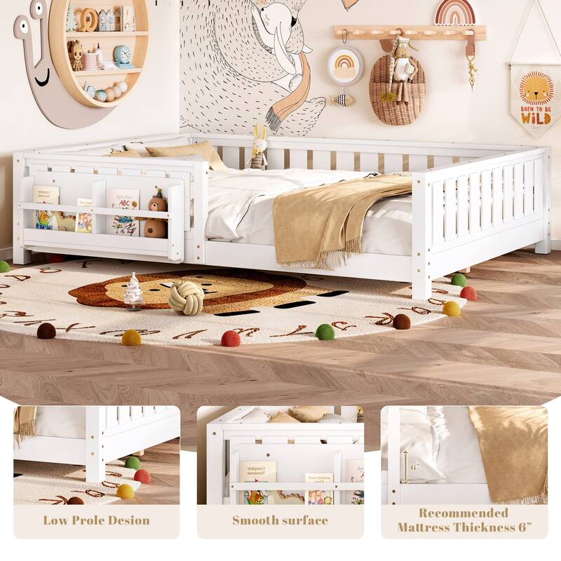 Montessori Floor Bed Low Profile Kids Bed with Rails & Bookshelf