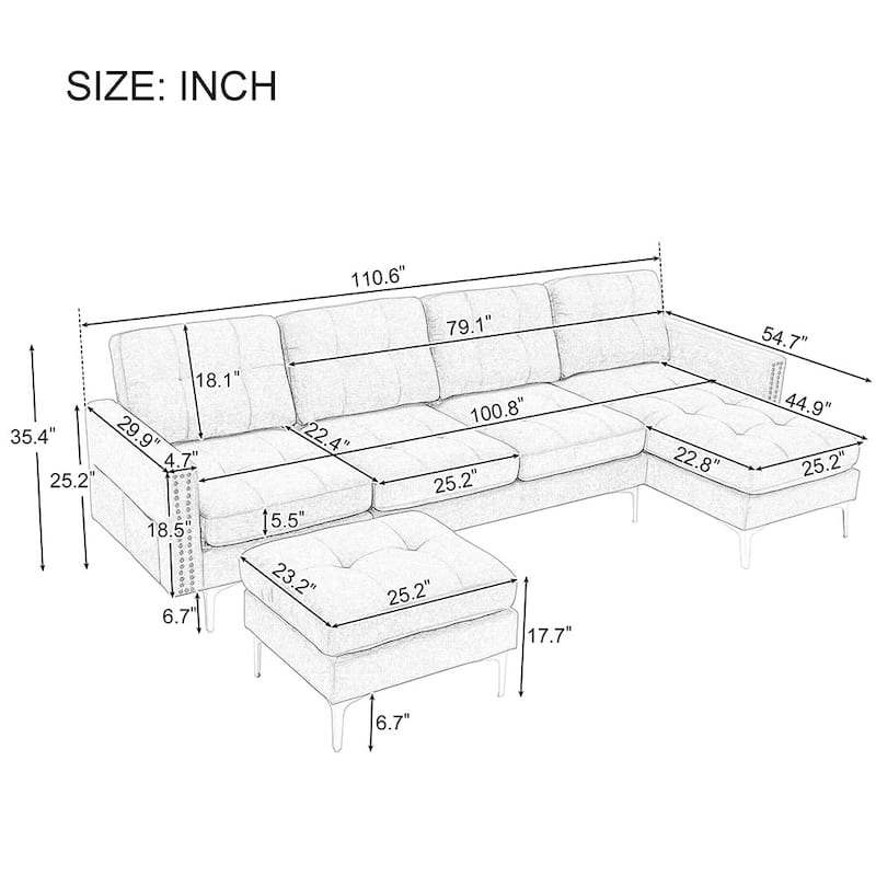 110.6" L-Shape Sleeper Sectional,Mobile Ottoman, Living Room Essential
