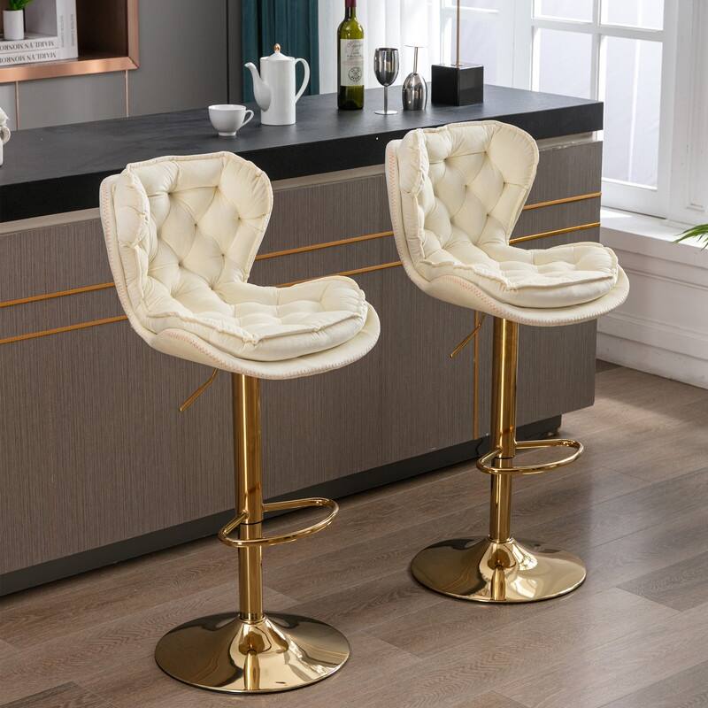 Modern Chrome and Velvet Bar Stool Set of 2 - Swivel & Height Adjustable - Cream