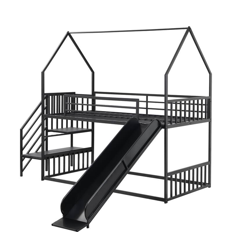 Twin Over Twin Bunk Bed House with Slide and Staircase, Metal Frame for Kids