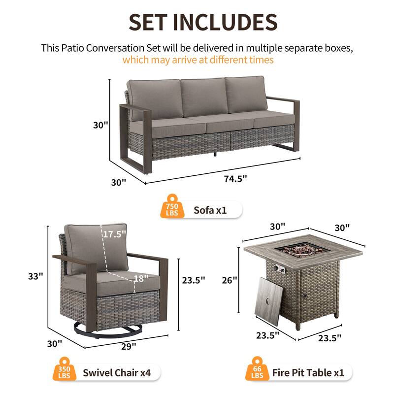 Pocassy 4/6/8PCS Sofa Swivel Chair with Fire Pit Table Set