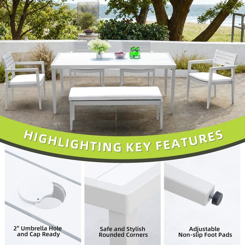 6-Piece Aluminum Patio Dining Set with Sunbrella Cushions – Includes 4 Chairs, 1 Bench & a Two-Tone Table with Umbrella Hole.