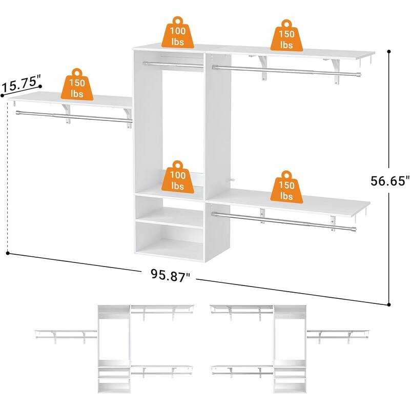 Rackcog 96'' Hanging Closet System with 3 Shelving Towers and 3 Hanging Rods,Wall-Mounted Walk-in Closet Organizer