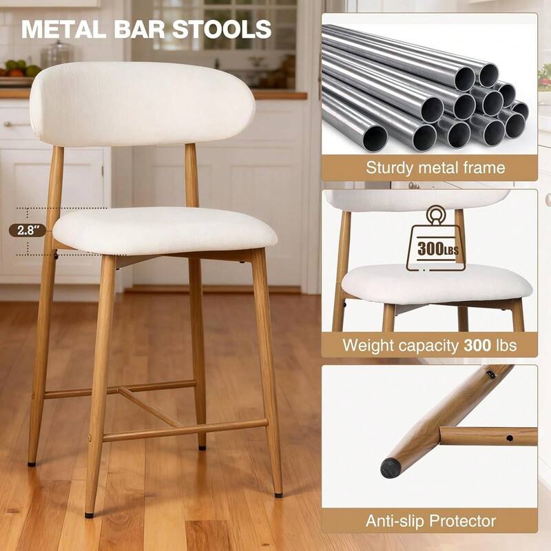 Set of 2 Beige Counter Height Bar Stools, Modern Upholstered Counter Stools with Metal Legs for Kitchen Island Dining Room