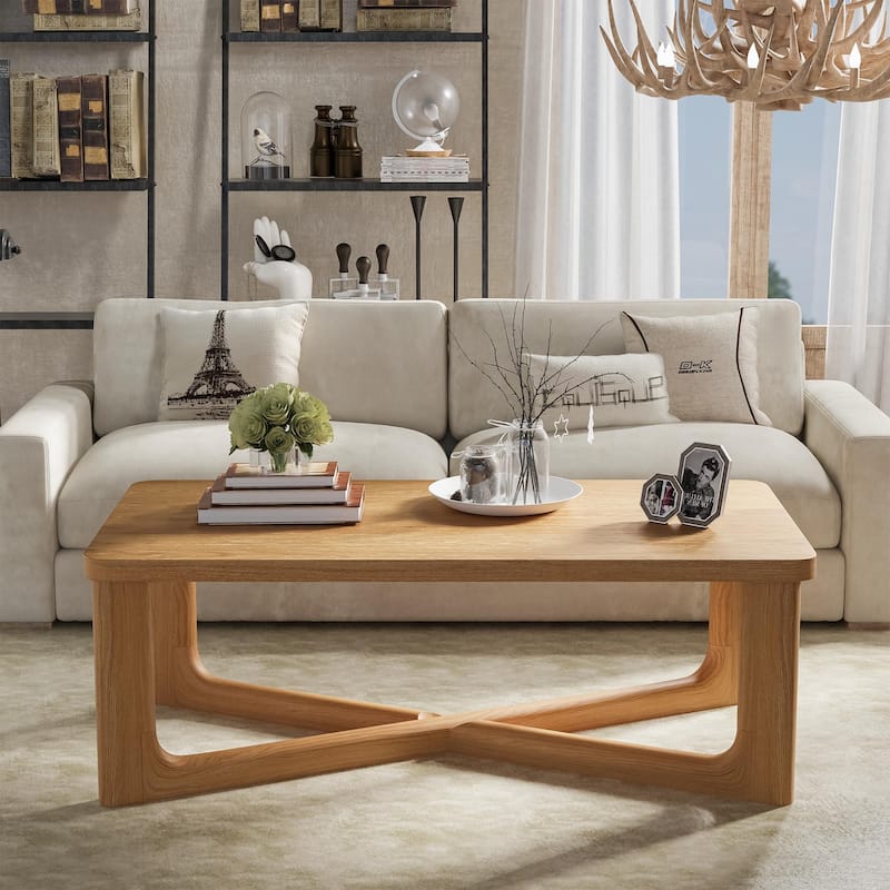 Modern Coffee Table Farmhouse Solid Wood Coffee Table with Cross Sturdy Legs Center Table for Home Office Living Room - Natural