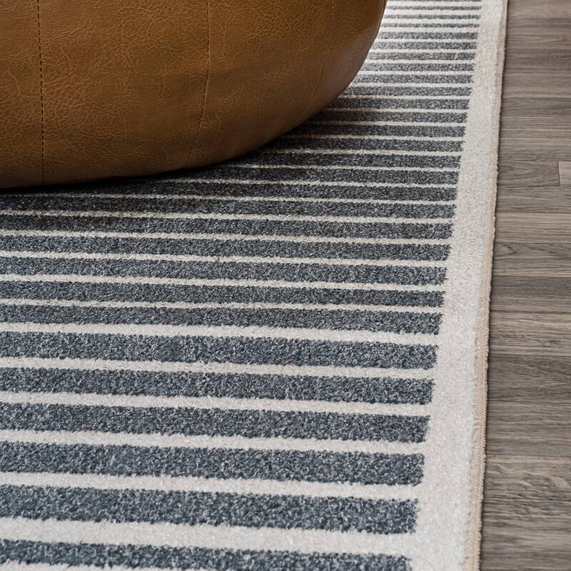 JONATHAN Y Slinger Minimalist Striped Plaid Machine-Washable Dark Gray/Cream Area Rug