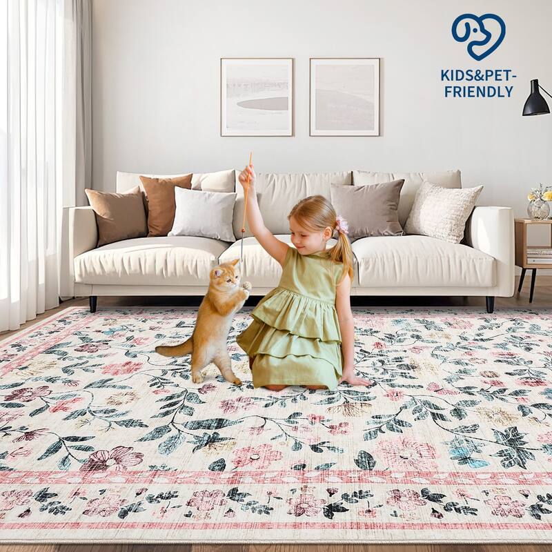 Living Room Rug Machine Washable Area Rug Non Slip Farmhouse Floral Rug Low Pile Soft Foldable Rugs