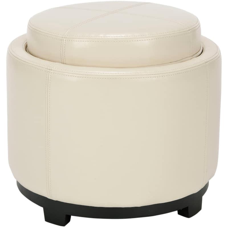 SAFAVIEH Gwenaele Brown Storage Bicast Leather Round Tray Ottoman - Cream