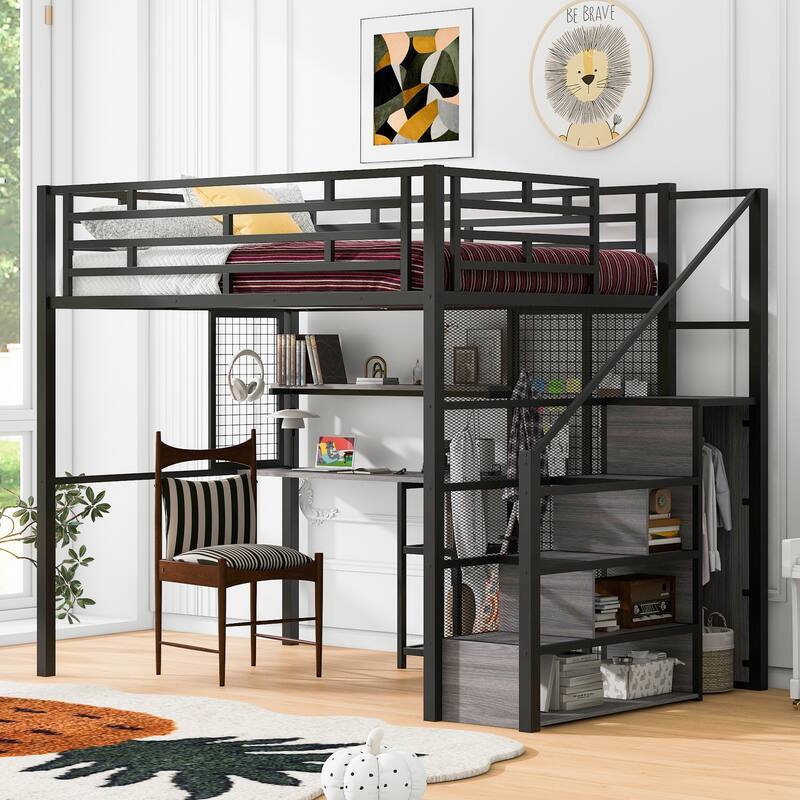 Roomfitters Full Size Metal Loft Bed with Wardrobe, Desk and Open Storage Shelf Unit, Black