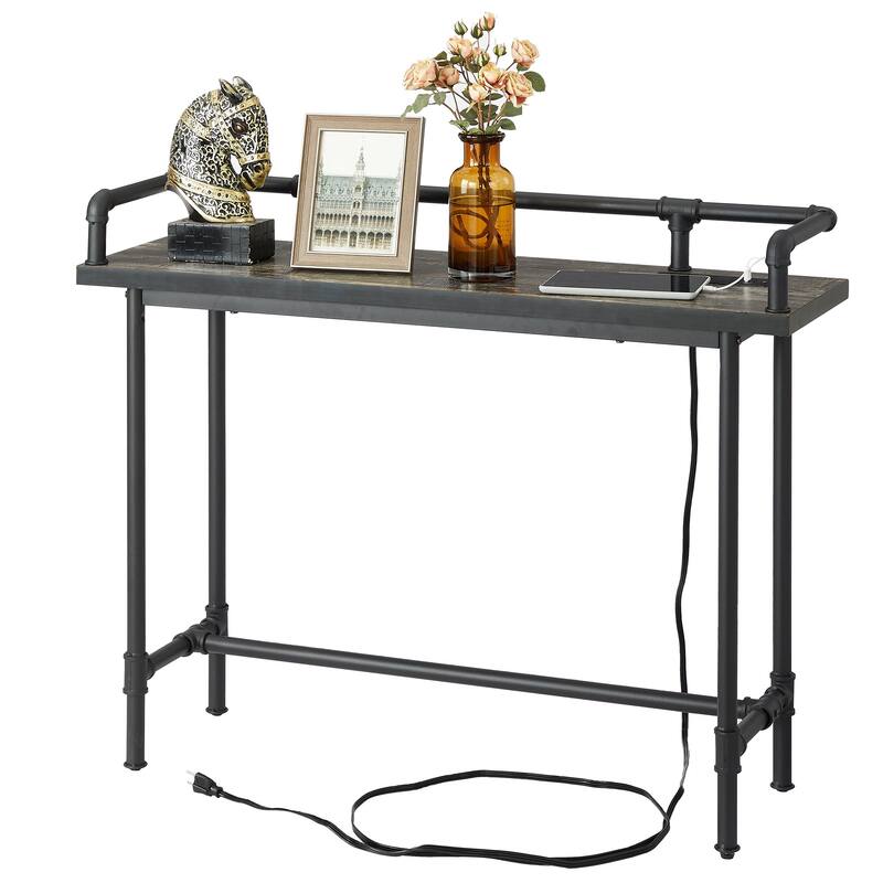 Mid Century Console Table with Power Outlet, Narrow Sofa Table, Sofa Couch Table with Charging Station USB Port - 100CM - Old School