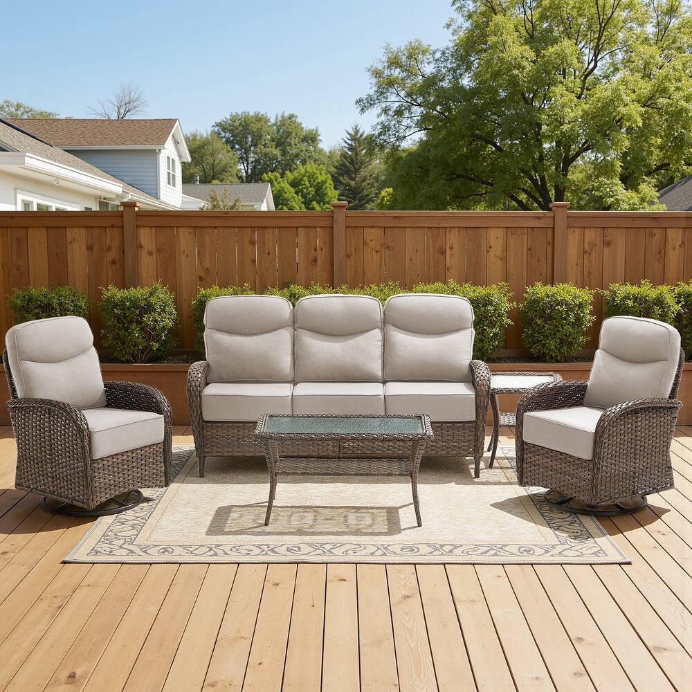 Meyreso 5-Piece Wicker Patio Conversation Set with Swivel Gliders and 6-Inch Thick Olefin Cushions