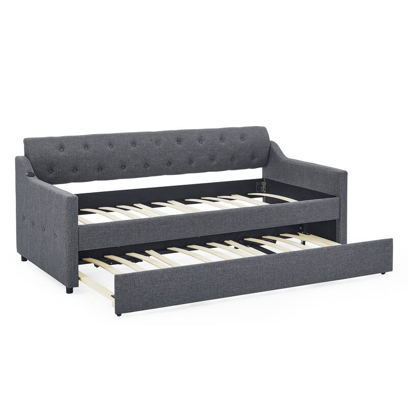 Twin Size Upholstery DayBed with Twin Size Erectable Trundle and USB Charging Design
