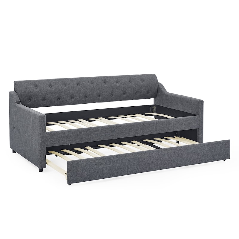 Twin Size Upholstery Daybed with Twin Size Erectable Trundle and USB Charging Design