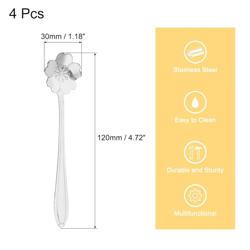 4Pcs 5" Stainless Steel Flower Spoons Coffee Spoon Small Teaspoon - Silver