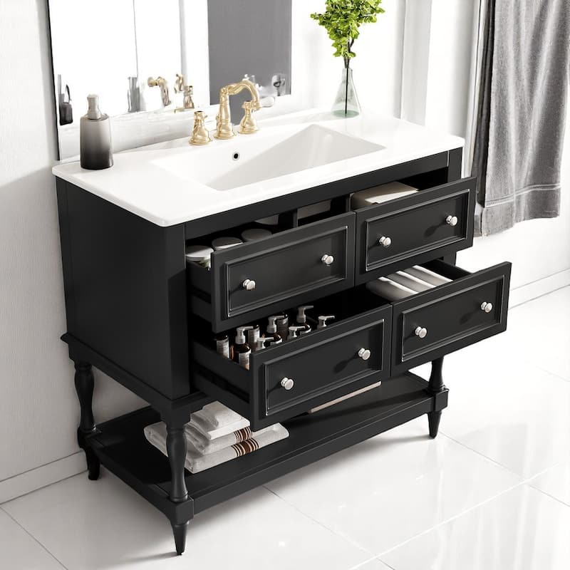 36 Inch Bathroom Vanity Sink Combo, Undermount Ceramic Basin, MDF and Solid Wood Cabinet with 4 Storage Drawers
