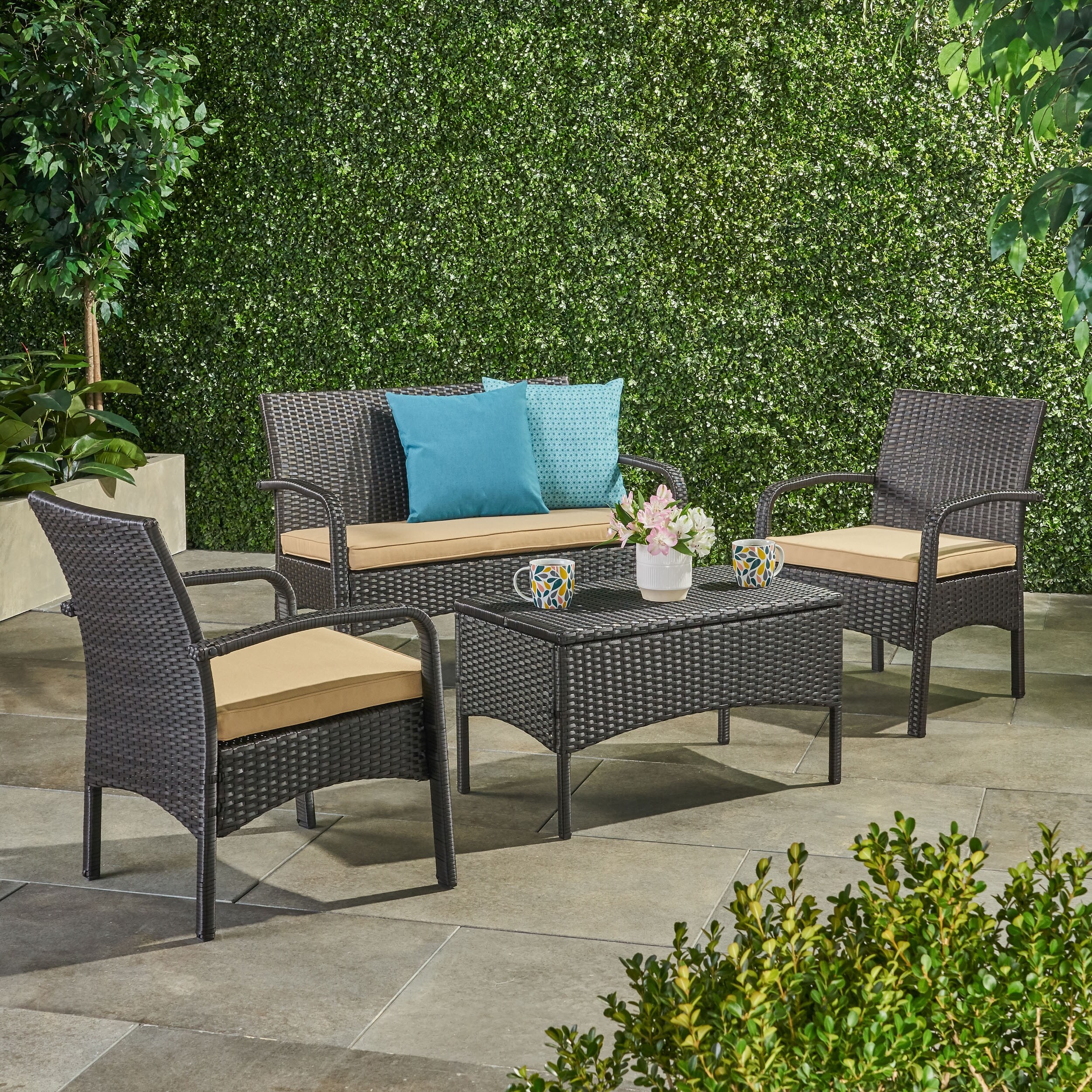 4 Piece Wicker Patio Set with Loveseat Chairs and Table Bed Bath Beyond 41435258
