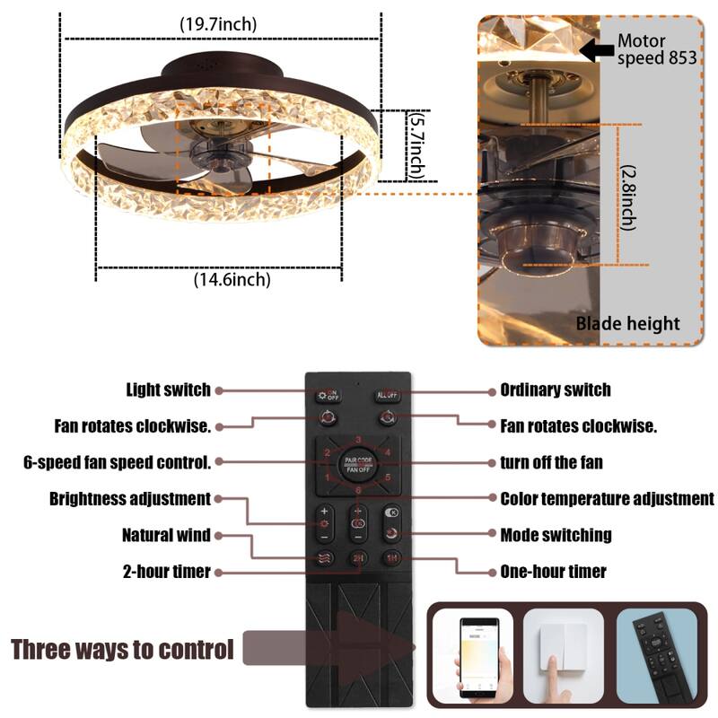 Dimmable 20in Ceiling Fan with Light and Remote Control 6 Speeds