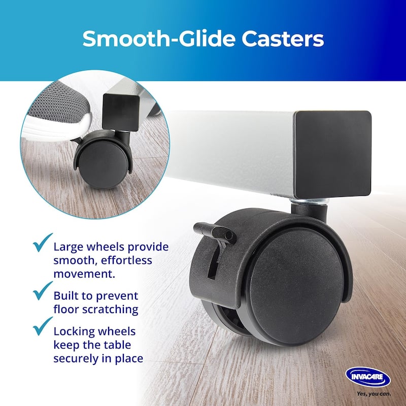 Invacare Adjustable Medical Bedside Table - Waterproof Rolling Hospital Tray Table with L-Shaped Base