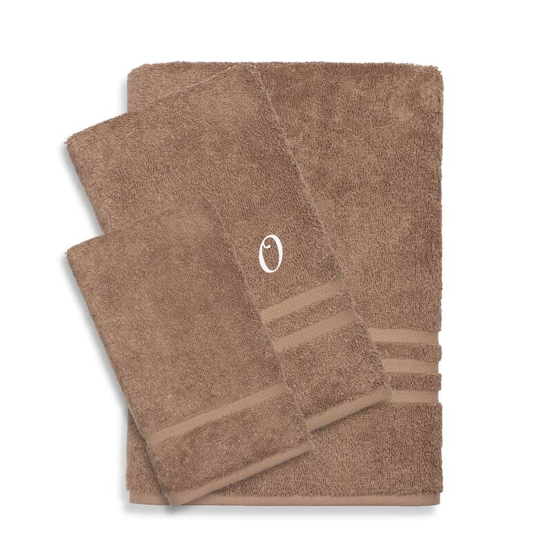 Authentic Hotel and Spa Omni Turkish Cotton Terry 3-piece Brown Bath Towel Set with Monogrammed Initial Hand Towel - Latte/WhiteO