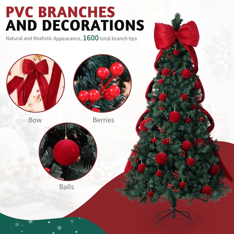 7.5 FT Artificial Christmas Tree with Giant Bowknot and Red Ball Ornament