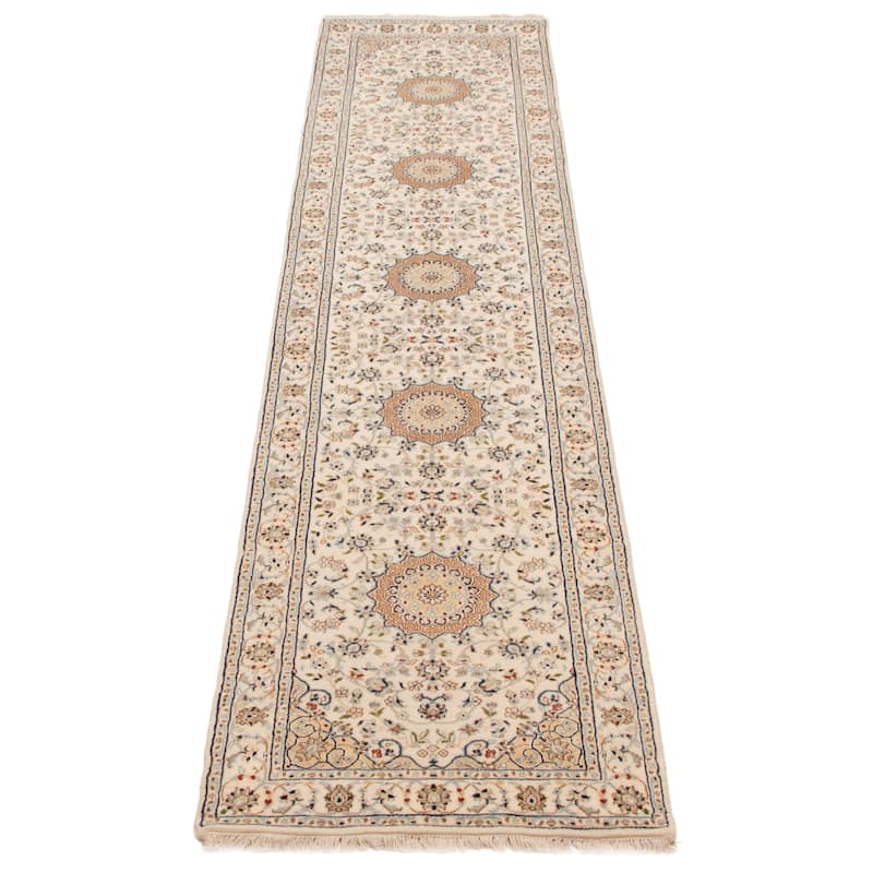 ECARPETGALLERY Hand-knotted Nain Cream Silk, Wool Rug - 2'8 x 12'2