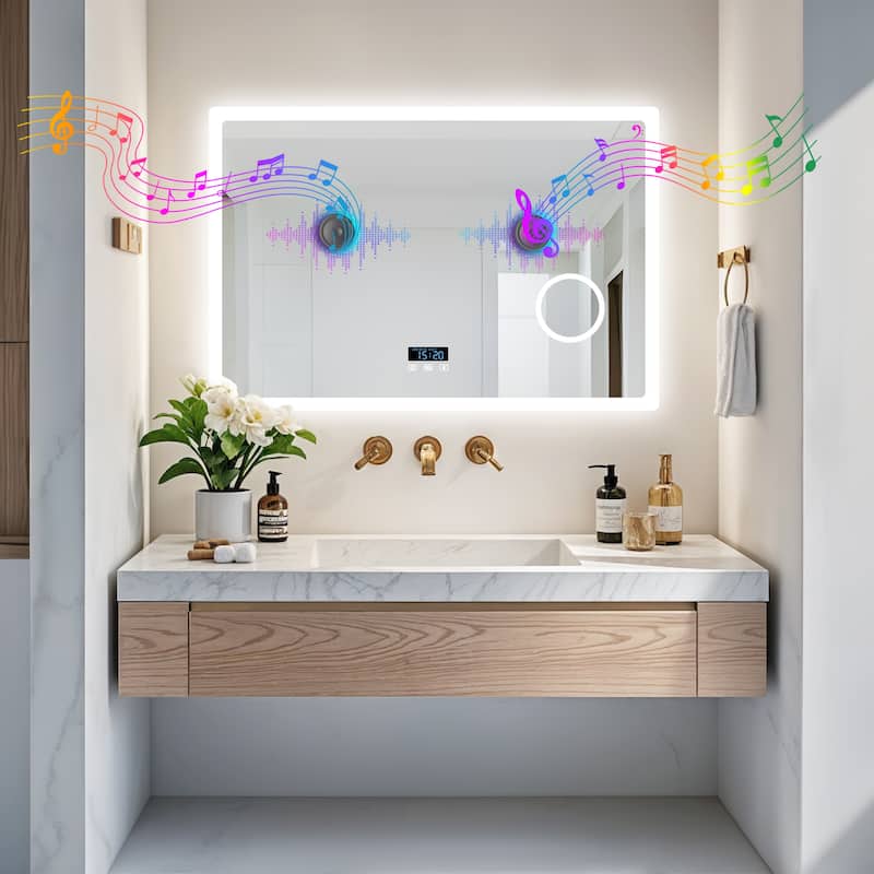 Smart LED Bathroom Mirror with Bluetooth Speaker, Anti-Fog Magnifying