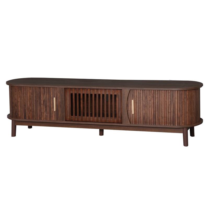 Farmhouse Curved TV Stand Entertainment Center for 75" TVs, Sliding Doors Television Cabinet Dark Brown TV Console Table