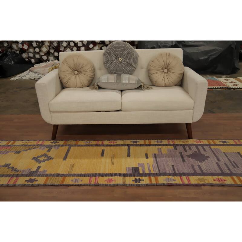 Hand Woven Oriental 100% Wool Carpet Southwestern Tribal Yellow & Gold Kilim Runner Rug - 11' 10'' X 2' 7''