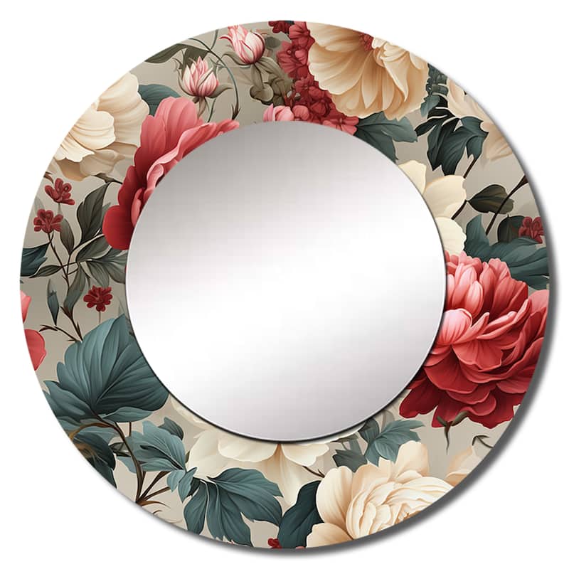 Designart "Antique Rose Muted Green Garden" Floral Living Room Mirror - Green Traditional Round Mirror