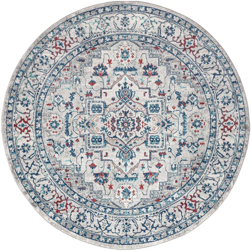 JONATHAN Y Traditional Persian Vintage Medallion Area Rug - 5' Round - Light Grey/Blue