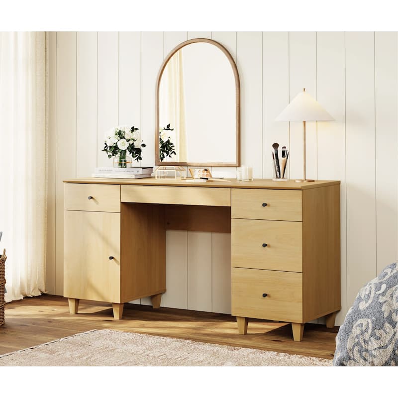 58" Wooden Vanity Desk with Storage Cabinet and Charging Station for Girls, Vanity Dressing Table for Bedroom