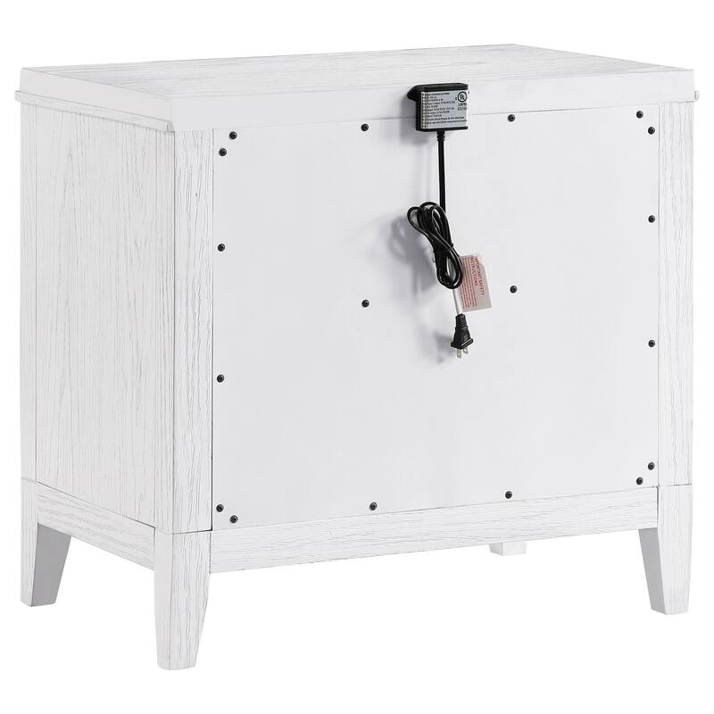 Distressed White 2-Drawer Nightstand with Stepped Fronts, Antique Brass Pulls and Casual Modern Bedroom Design