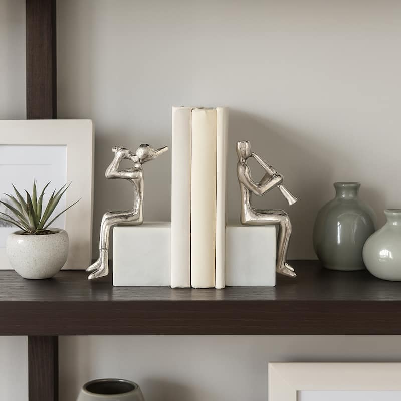 Decorative Metal Musicians on Marble Bases Bookends - 8", Silver - 8.0" - Silver/ Metallic - 8.0"