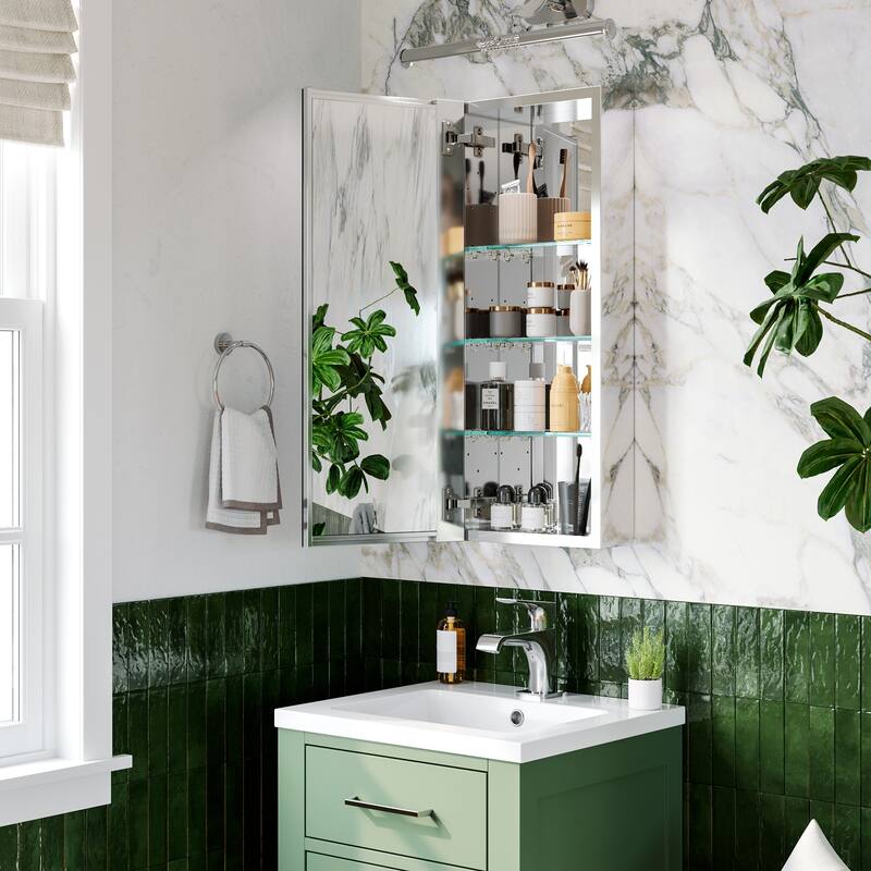 12x30 in Mirrored Medicine Cabinet, Tri-View, Soft-Close Blum Hinges, Recessed/Surface Mount, Anodized Chrome Aluminum