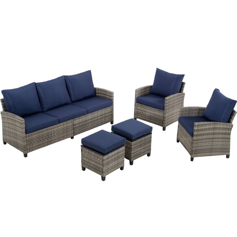 6 PCS Patio Furniture Set, Outdoor Wicker Conversation Sectional Sofa Couch Furniture Sets with Ottomans - Blue