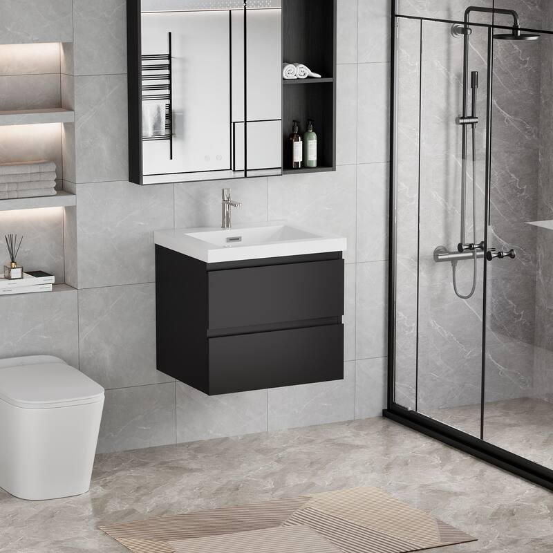 24" Wall-Mounted Floating Bathroom Vanity with Resin Sink, Soft Close Drawers, Natural Oak Cabinet, Pre-Assembled