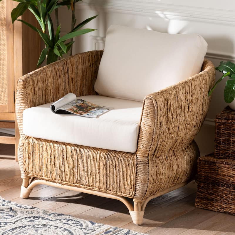 Roma Rattan and Seagrass Armchair with Cushions - Handwoven Lounge Chair with Wide Armrests and Sculptural Base, Boho Coastal