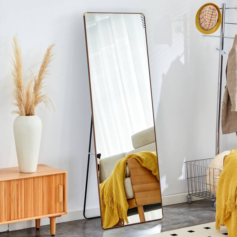 Roomfitters Floor Standing Full-Length Mirror with Walnut Frame, 65"x23.2" Wall Mounted Dressing Mirror for Bedroom - Natural