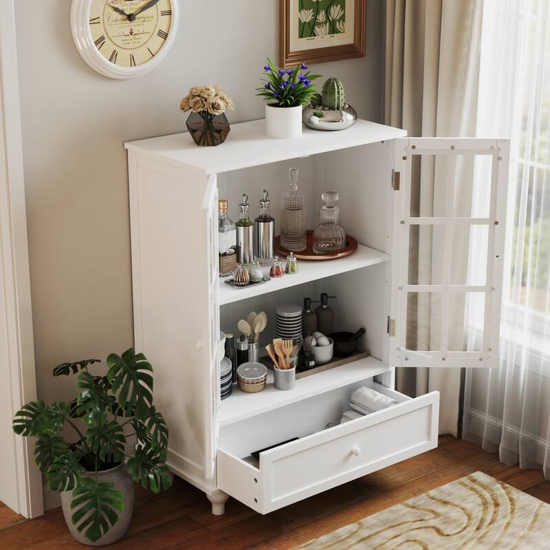 Accent Cabinet with Glass Doors and Drawers, Wooden Buffet and Sideboard Cupboard with Storage