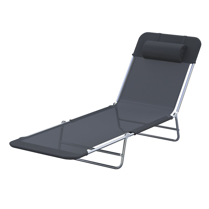 Outsunny Portable Sun Lounger, Folding Chaise Lounge Chair w/ Adjustable Backrest & Pillow for Beach, Poolside and Patio, Black